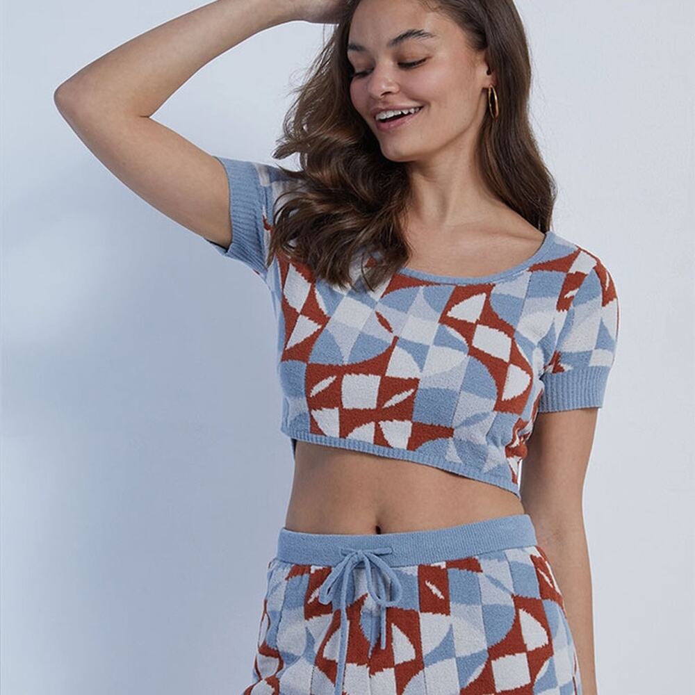 RVCA Geode Geometric Cropped Plush Sweater Top Blue Rust Size Small
